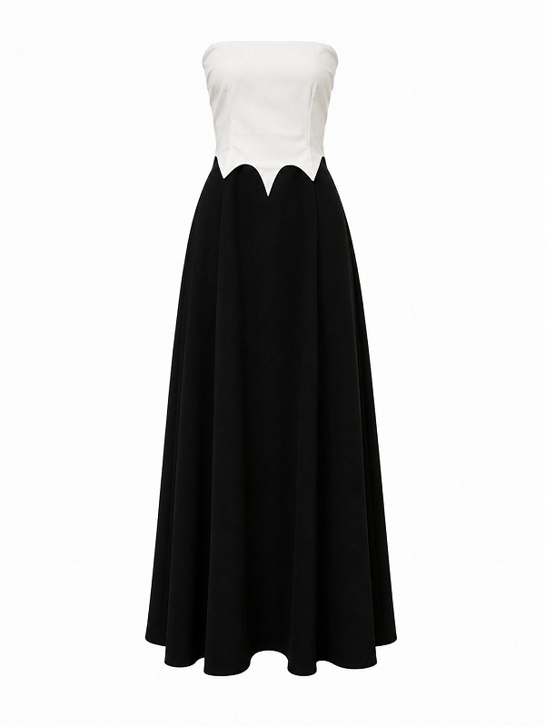 【新品DRESS 1905】バイカラー切替ドッキングウエストスカラップベアトップフレアロングドレス ブラックホワイト【KAREN MILLEN】